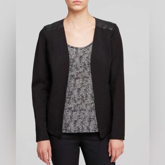 Eileen Fisher Angle Front Jacket Cardigan Ponte Leather Trim Asymmetric Black XS - Picture 4 of 16